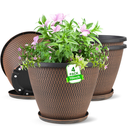 4 Pack 10 inch Plant Pot for Outdoor Indoor, Plastic Flower Pots with Trays