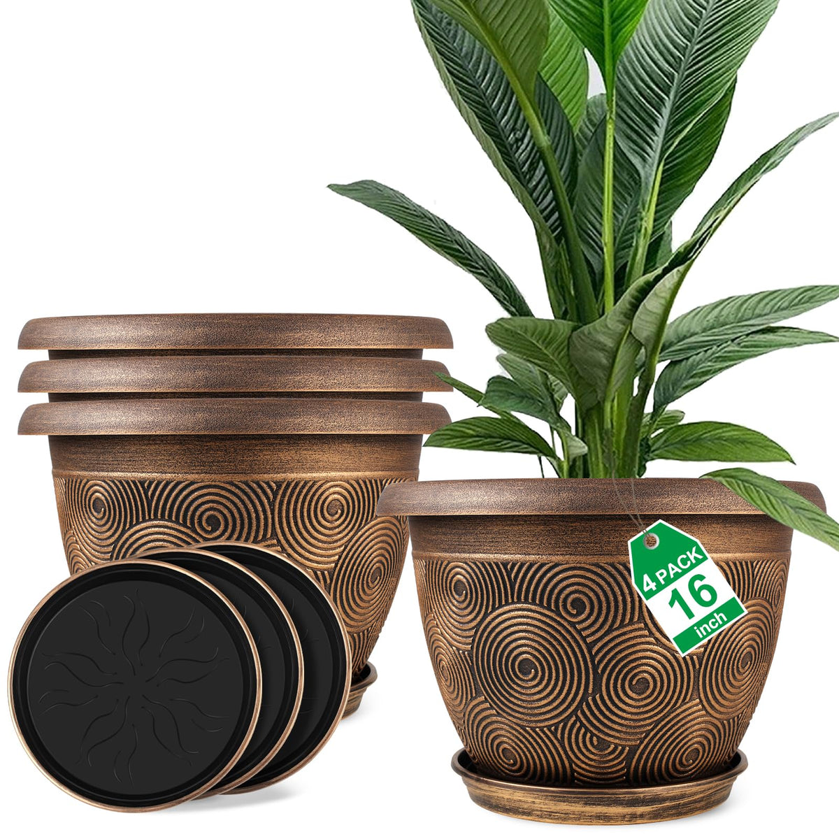 Fodetyff 8 Inch Flower Pots Planters for Indoor Outdoor Plants, 4 Pack Plastic Small Plant Pots with Drainage Hole & Tray, Modern Decorative Garden Pot with Saucer, Plant Container for House
