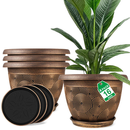 Fodetyff 8 Inch Flower Pots Planters for Indoor Outdoor Plants, 4 Pack Plastic Small Plant Pots with Drainage Hole & Tray, Modern Decorative Garden Pot with Saucer, Plant Container for House