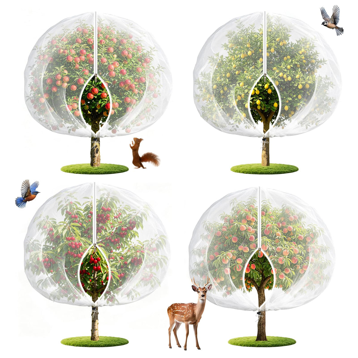 4PCS 2.7Ft × 3.3Ft Fruit Tree Netting with Zipper and Drawstring, 60 Mesh Thickened Garden Bird Netting for Blueberry Bushes, Fruits, Vegetables, Insect Bird Barrier Mesh Protective Cover