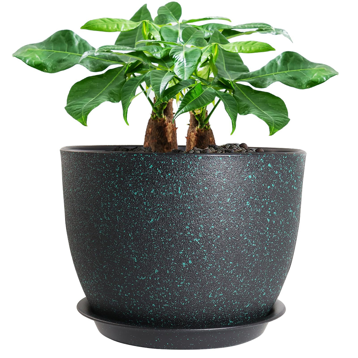UOUZ 12inch Large Plant Pot, Modern Plastic Planter with High Driange Holes and Saucer for Indoor Outdoor Garden Plants and Flowers, Black