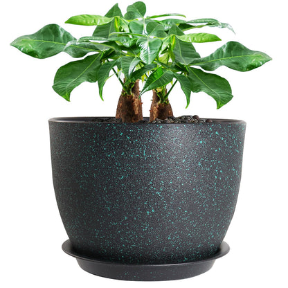 UOUZ 12inch Large Plant Pot, Modern Plastic Planter with High Driange Holes and Saucer for Indoor Outdoor Garden Plants and Flowers, Black