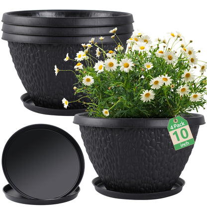 Nooulap 4 Pack 10 Inch Flower Pots, Plastic Outdoor Planters, Gray