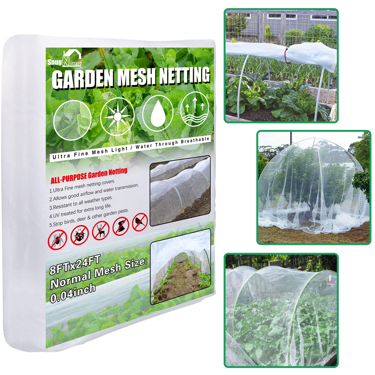 SnugNiture Garden Netting 10x33FT Ultra Fine Mesh Mosquito Net Plant Covers, White Bird Netting Barrier Greenhouse Row Cover Protect Fruits Flower Vegetables from Birds Deer & Squirrels