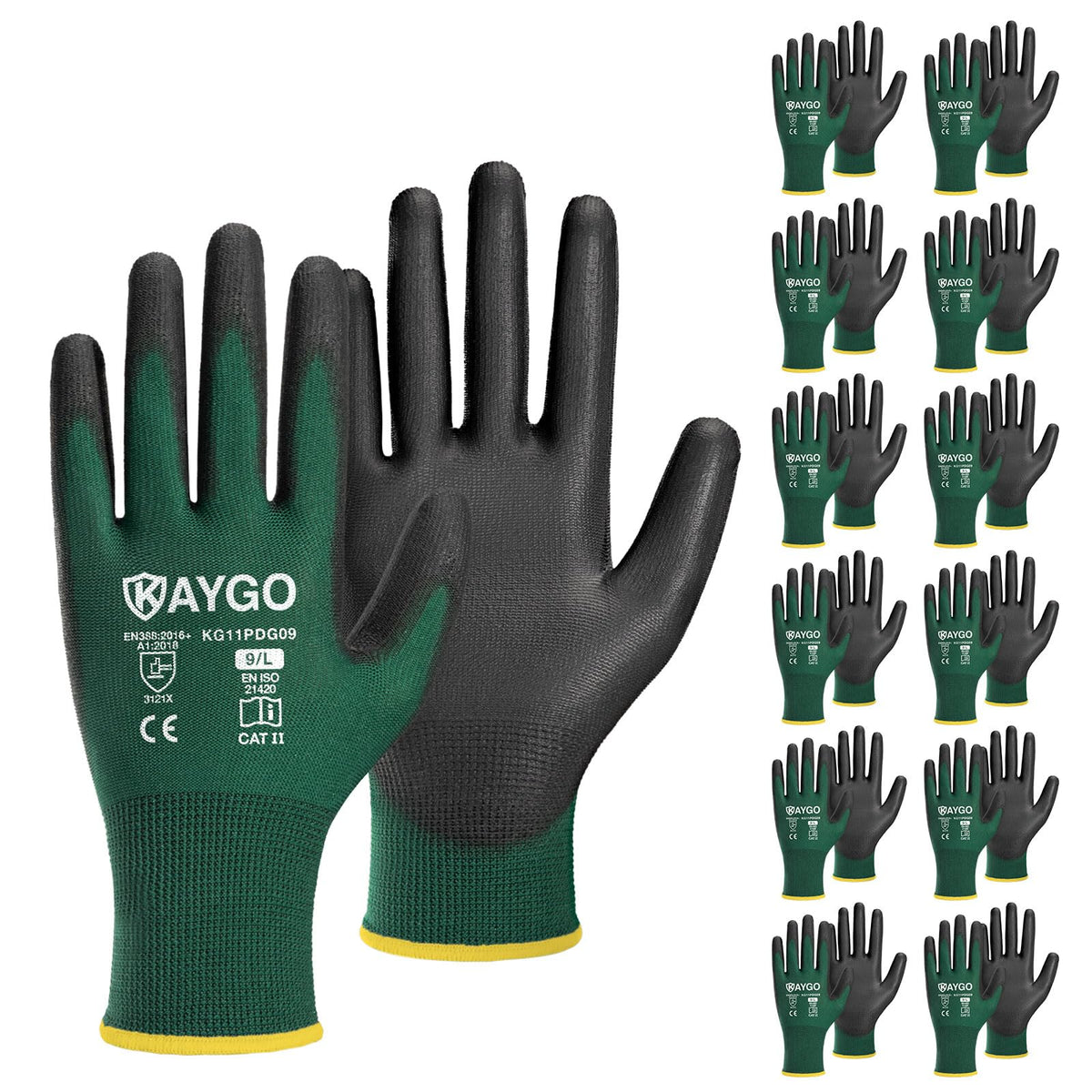 KAYGO Safety Work Gloves for Men Women, PU Coated Palm & Fingers, KG11P