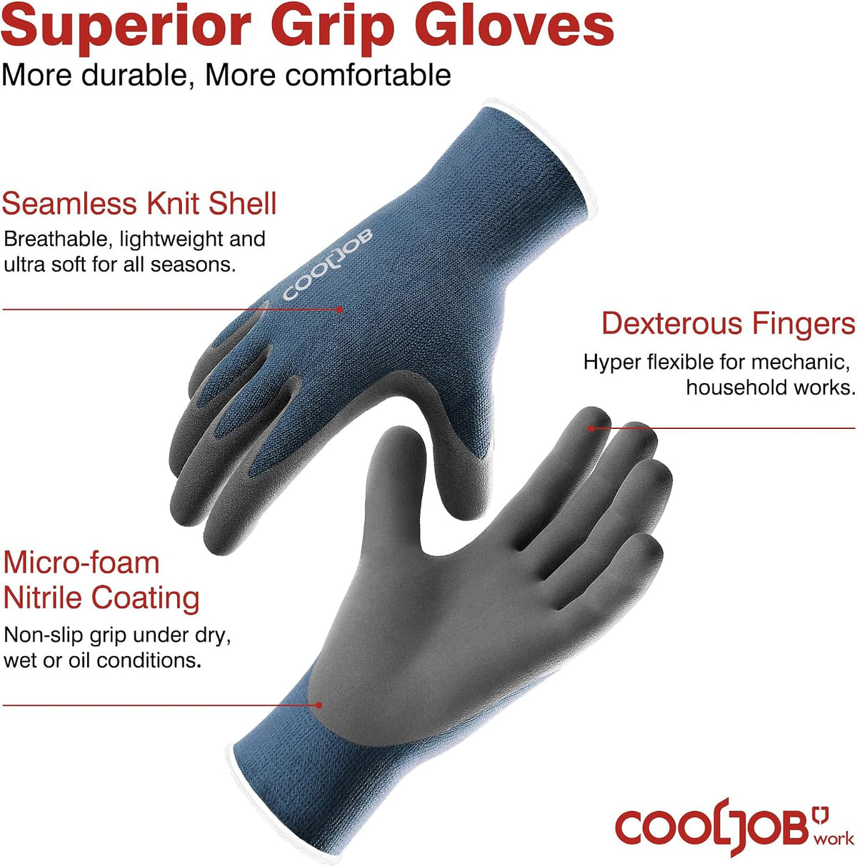 COOLJOB Micro-Foam Nitrile Safety Work Garden Gloves with Touchscreen Fingers, 6 Pairs Lightweight Working Gloves for Men’s Sweaty Hands, Non-slip Coated Grip Fits Most Tasks, Large, Blue & Black