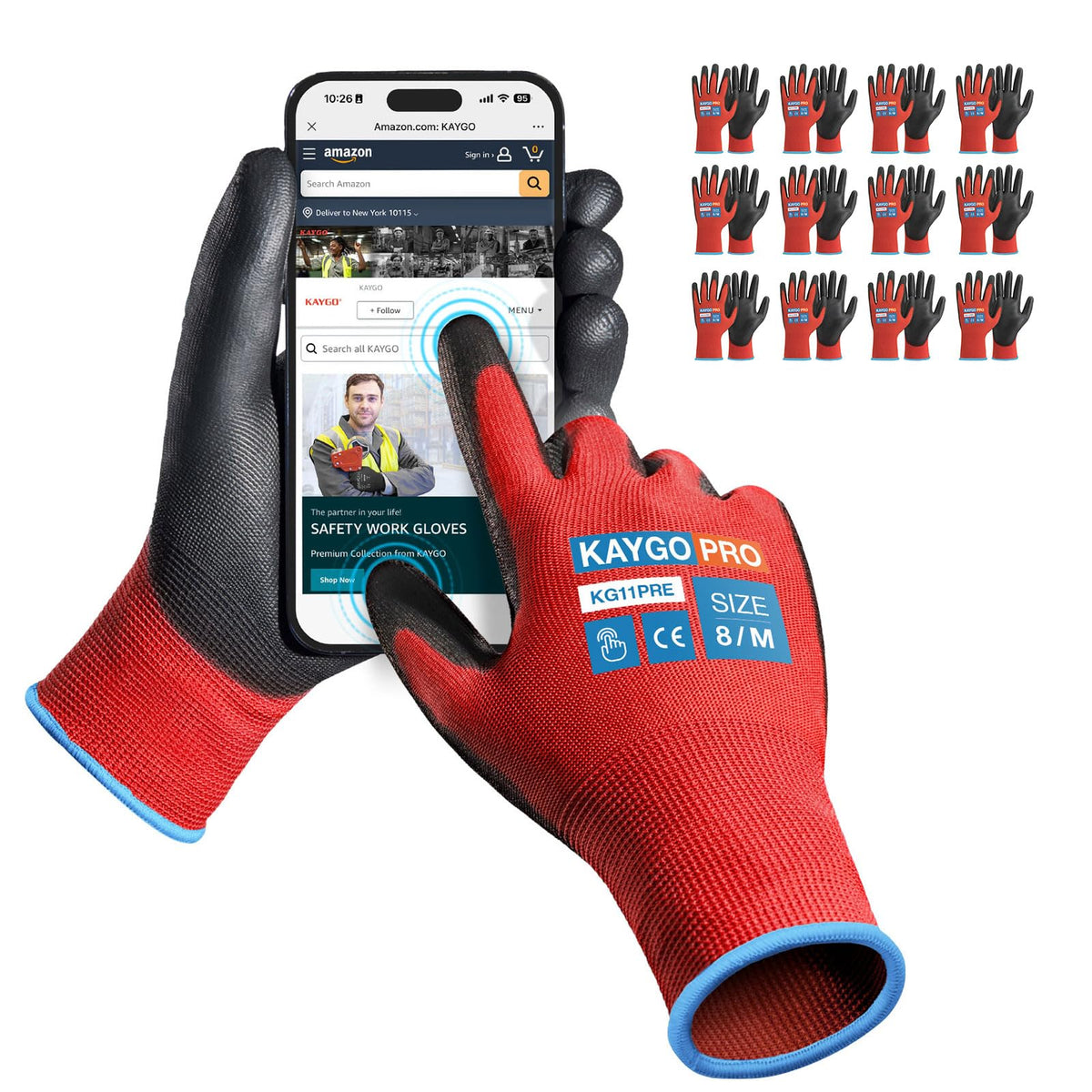 KAYGO Safety Work Gloves for Men Women, PU Coated Palm & Fingers, KG11P