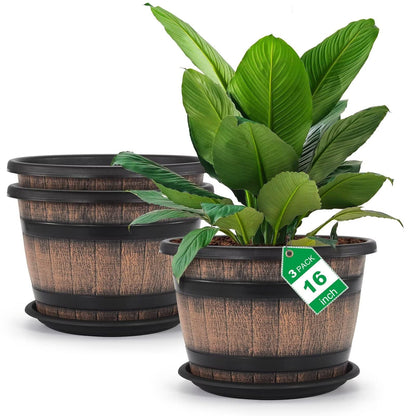 Quarut 3 Pack 10 inch Plant Pots,Whiskey Barrel Planters with Drainage Holes & Saucer, Plastic Decoration Flower Pots Imitation Wine Barrel Design, for Indoor & Outdoor Garden Home Plants (Brown)