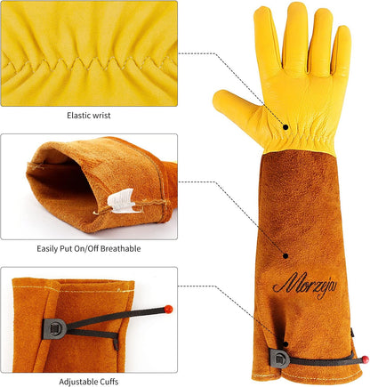 Morzejar Large Gardening Gloves for Men&Women, Professional Rose Pruning Gloves Thorn Proof, Adjustable Cuff, Breathable Leather Cowhide Long Garden Gloves,Garden Gifts & Tools for Gardener,Yard Work