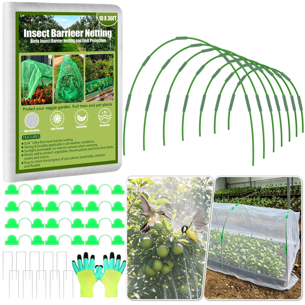67pcs Garden Mesh Netting Kit, 6 Sets Wide Garden Hoops with Garden Covers