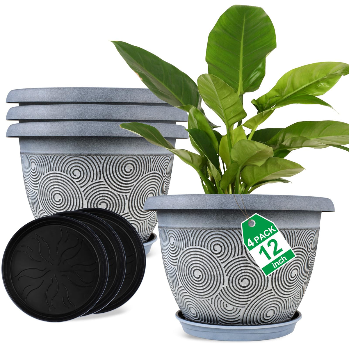 Fodetyff 8 Inch Flower Pots Planters for Indoor Outdoor Plants, 4 Pack Plastic Small Plant Pots with Drainage Hole & Tray, Modern Decorative Garden Pot with Saucer, Plant Container for House