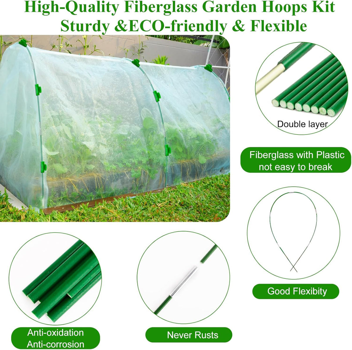 Greenhouse Hoops Grow Tunnel 6 Sets of 8FT Long Garden Hoops, Rust-Free Fiberglass Garden Hoops Frame for Garden Netting Raised Bed Plant Shade Cloth Row Cover, DIY Plant Support Garden Stakes- 36pcs