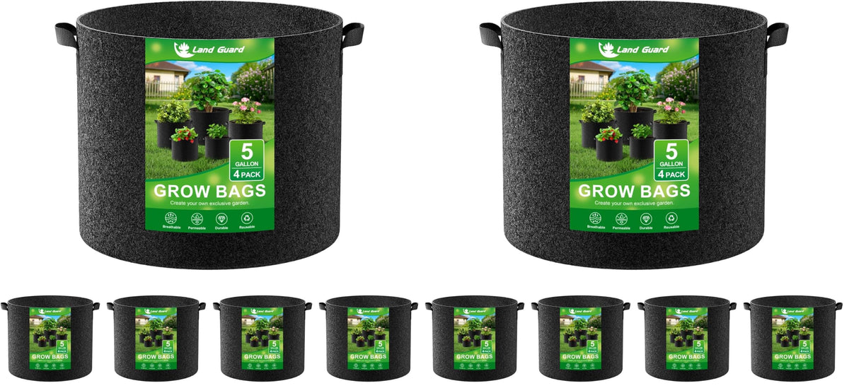Land Guard 4-Pack Fabric Grow Bags 5 Gallon, Thickened Nonwoven Garden Pots, Growing Bags with Handles, Black