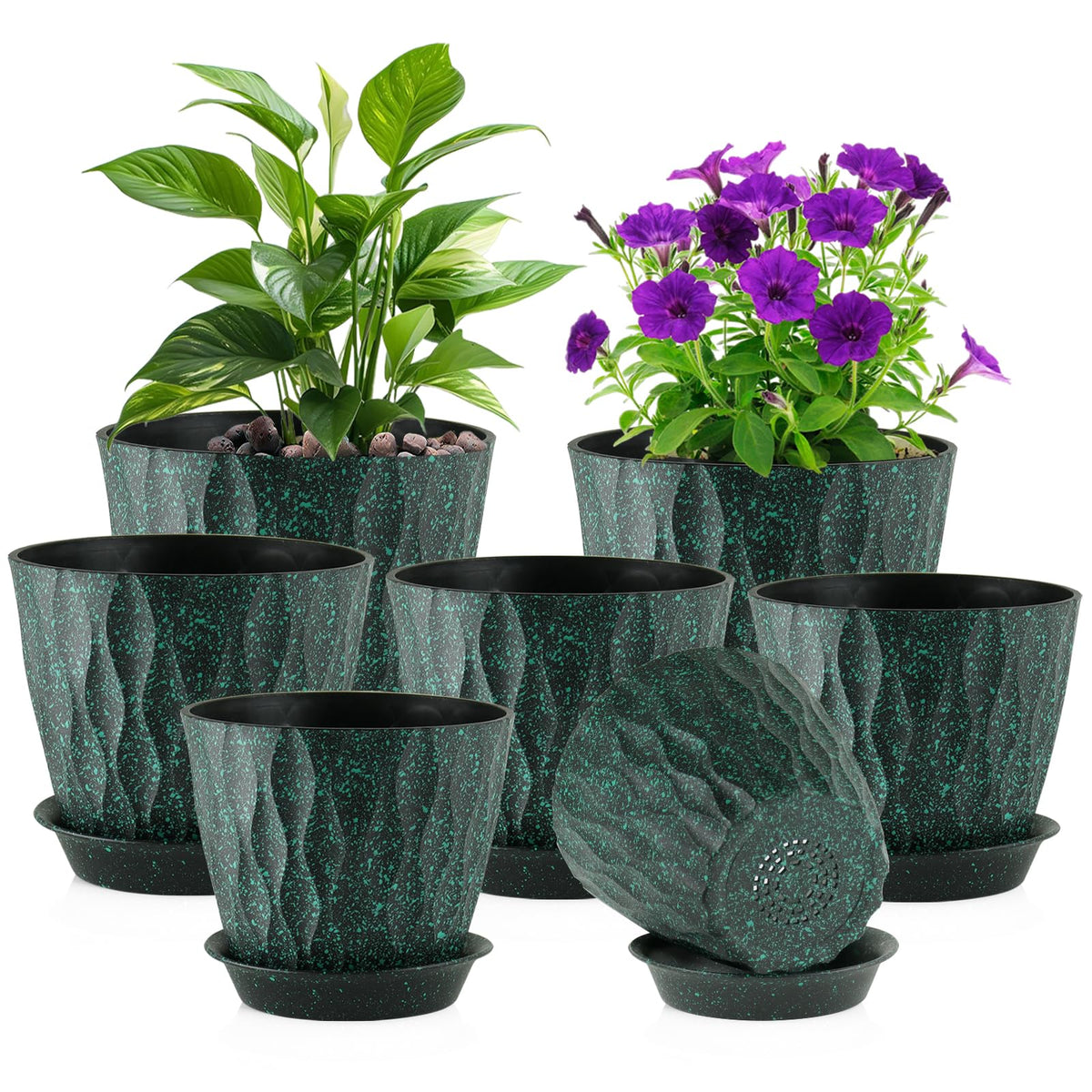 Meowell 7/6.5/6/5.5/5/4.5/4 inch Plant Pots for Indoor Outdoor Plants, 7 Pack Thick Flower Pots with Drainage Holes and Saucers, Modern Wave Texture Small Plastic Planters Nursery Pots, Multicolor