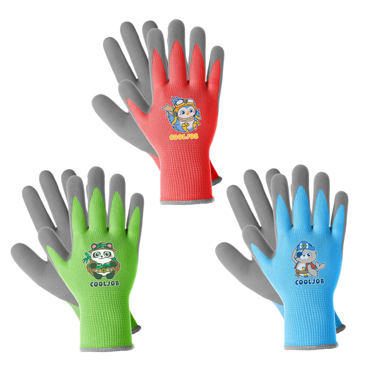 COOLJOB 3 Pairs Kids Gardening Gloves for Age 3-5, Children Grippy Rubber Coated Garden Work Gloves, Orange & Green & Yellow, Small Size (3 Pairs S)