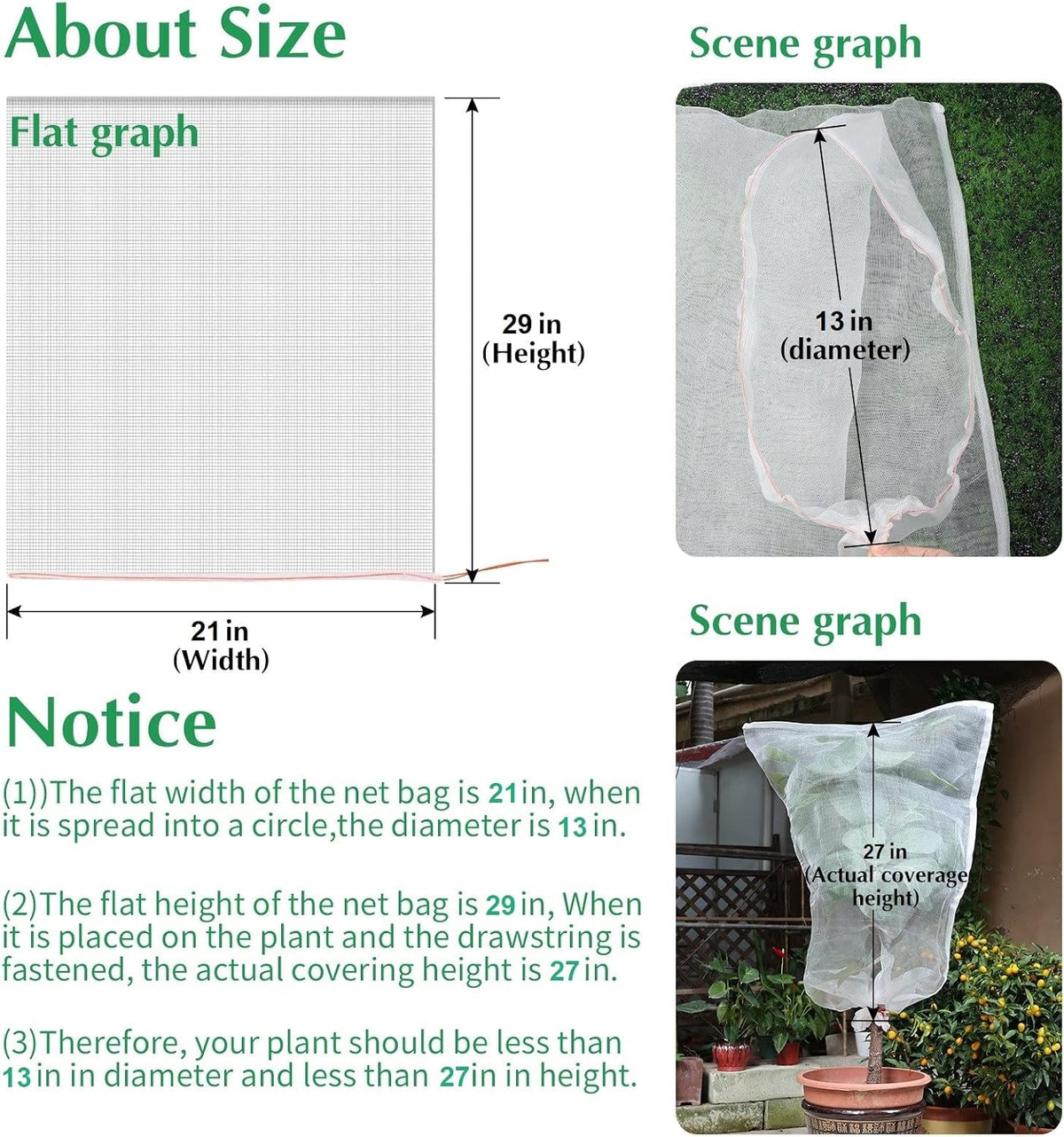 Kikhope 10 Pcs Garden Mesh Netting - 29"x21" Insect Bird Netting Pest Barrier Bags with Drawstring -Plant Fruit Protection Bag for Fruit Trees & Tomato Plants, Blocks Birds, Squirrels & Insects