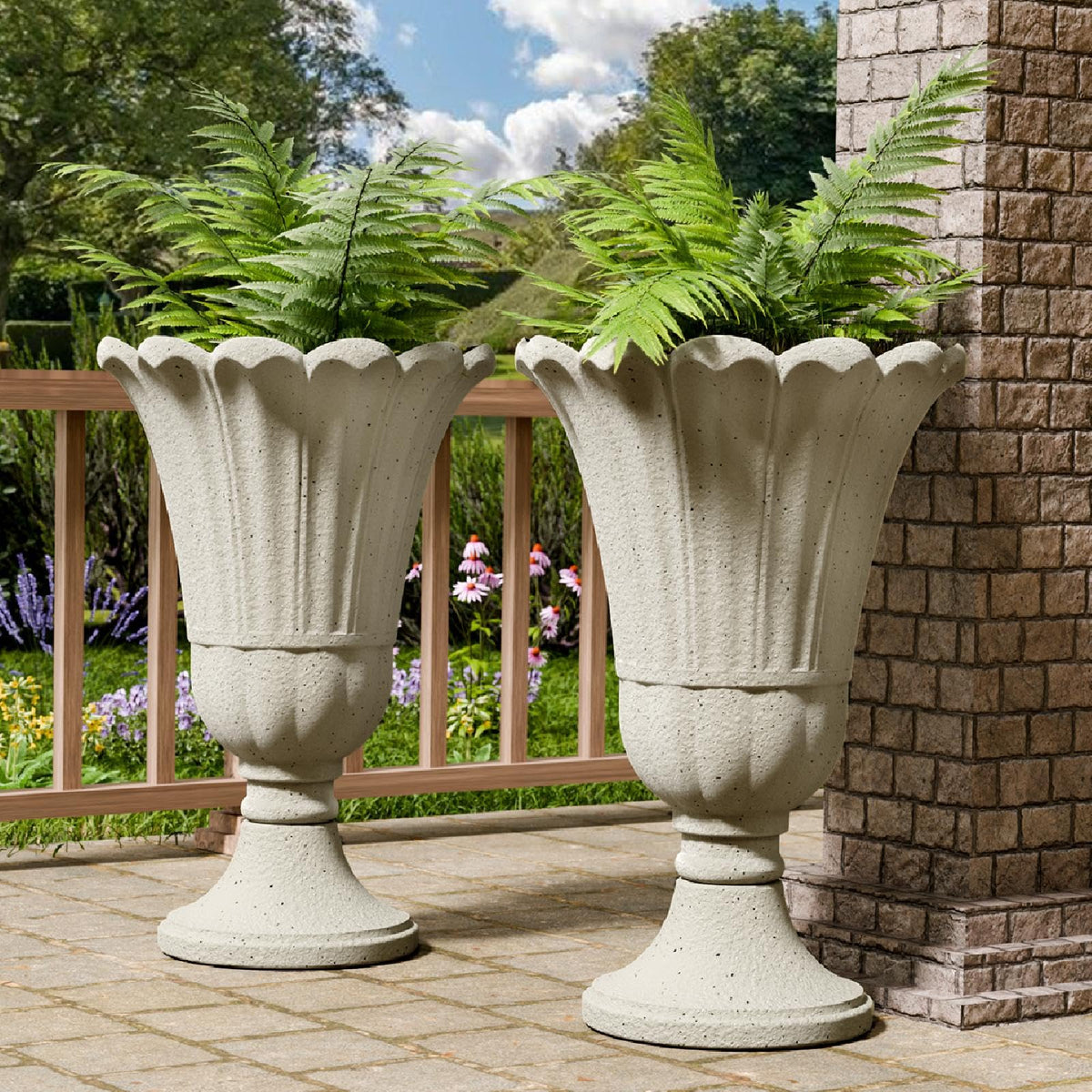 Tall Plastic Urn Planters and Pedestal - 24" Outdoor Planter Beige