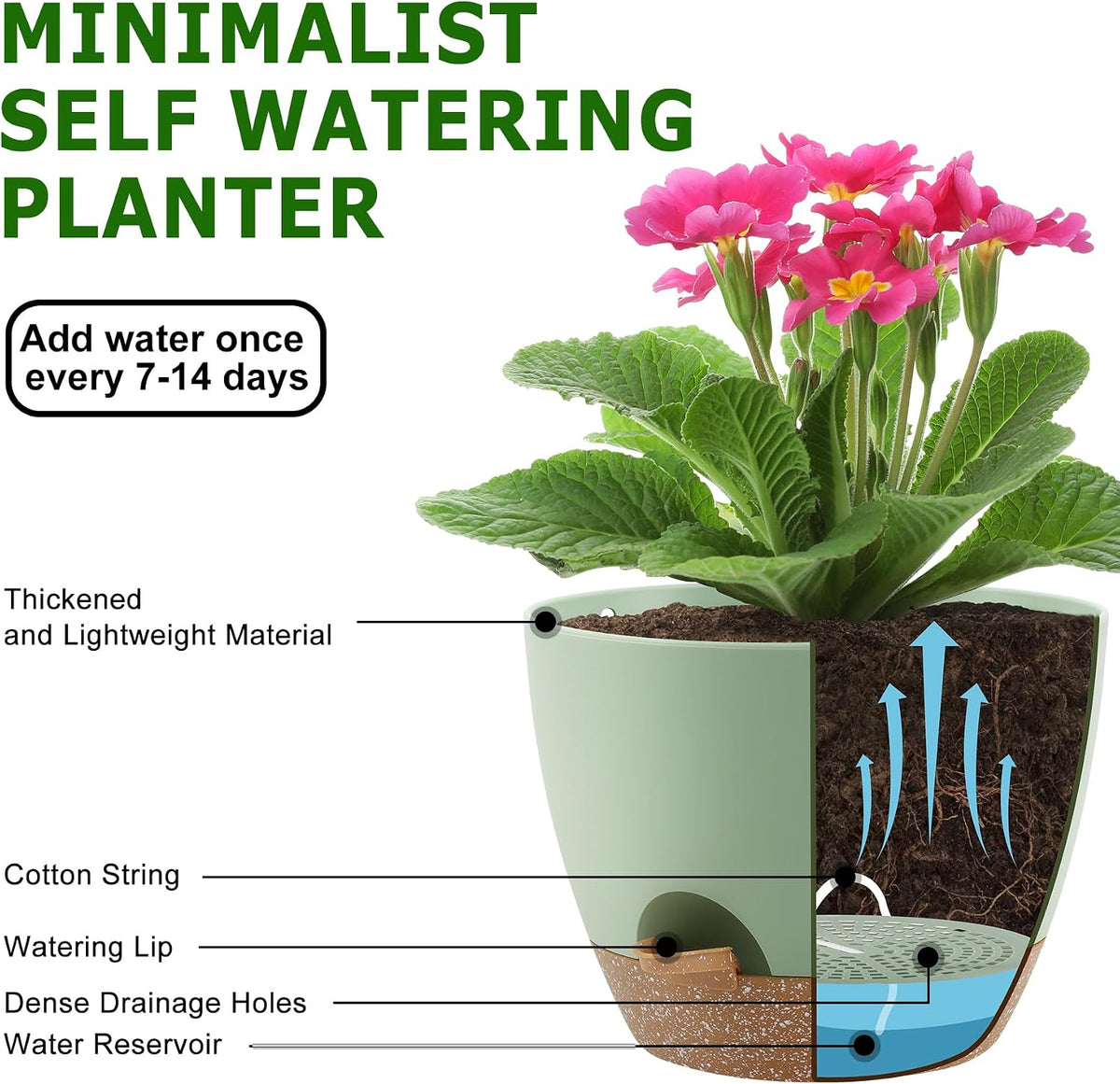 QRRICA 7/7.5/8/9/10 Inch Self Watering Pots for Indoor/Outdoor Plants