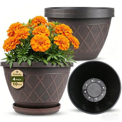 4 Pack 10 inch Plant Pot for Outdoor Indoor, Plastic Flower Pots with Trays