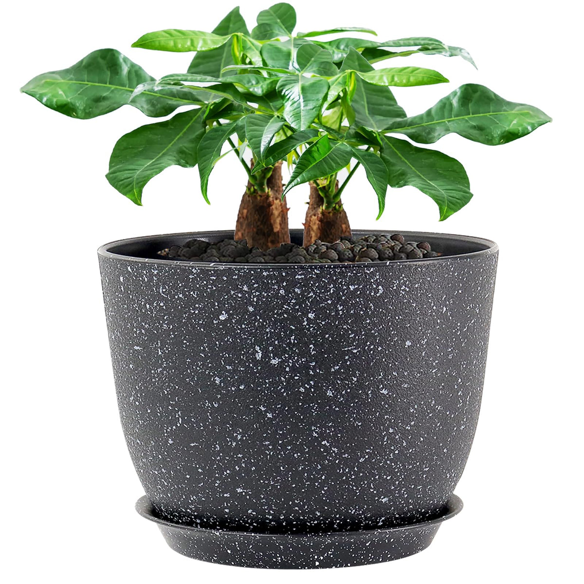 UOUZ 12inch Large Plant Pot, Modern Plastic Planter with High Driange Holes and Saucer for Indoor Outdoor Garden Plants and Flowers, Black