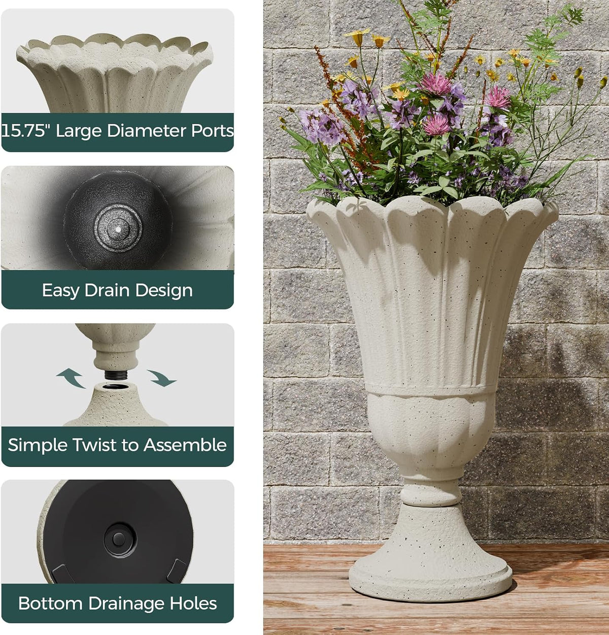 Tall Plastic Urn Planters and Pedestal - 24" Outdoor Planter Beige