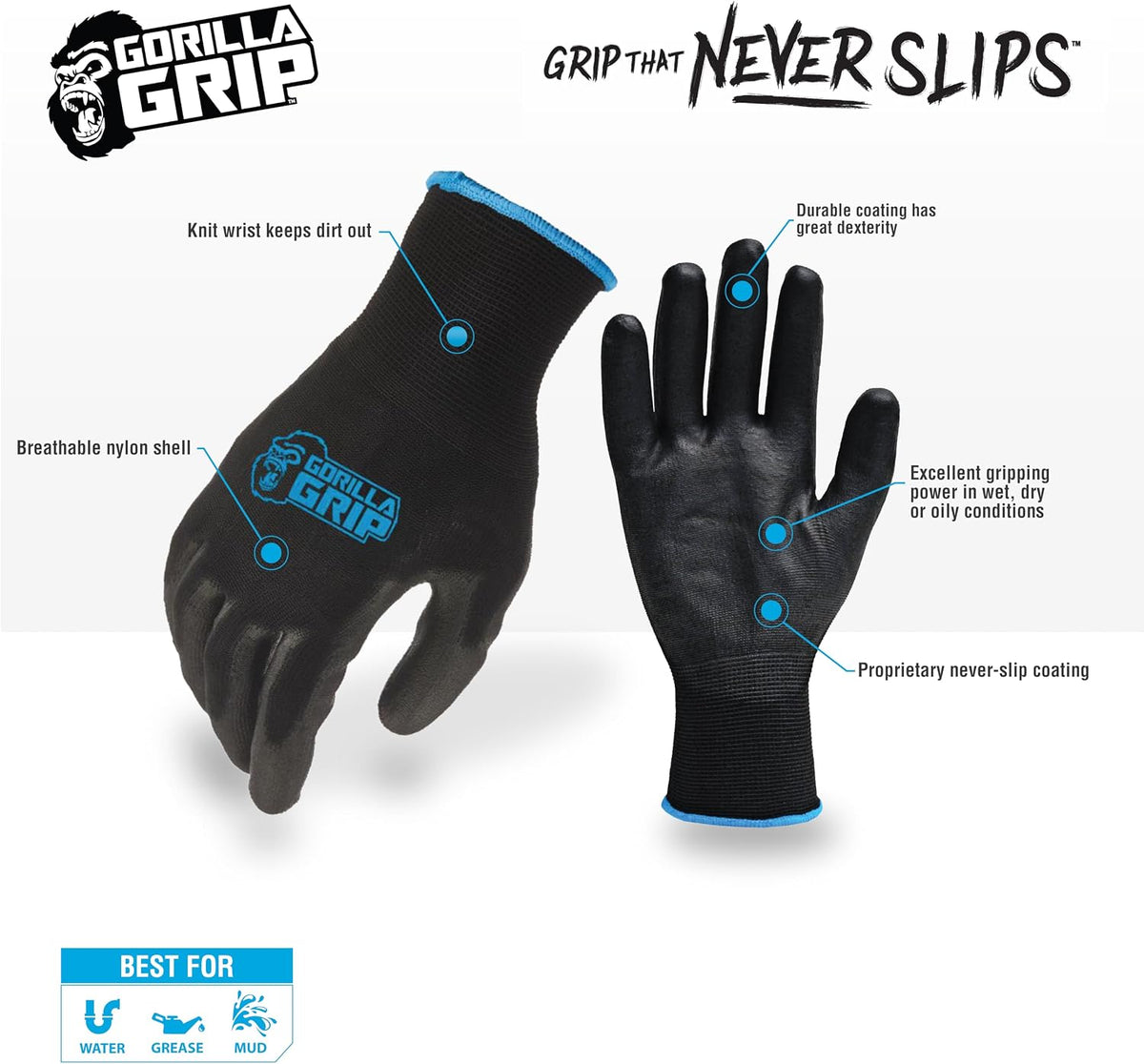 GORILLA GRIP Work Gloves, XLarge, 15 Pair, Black and Gray