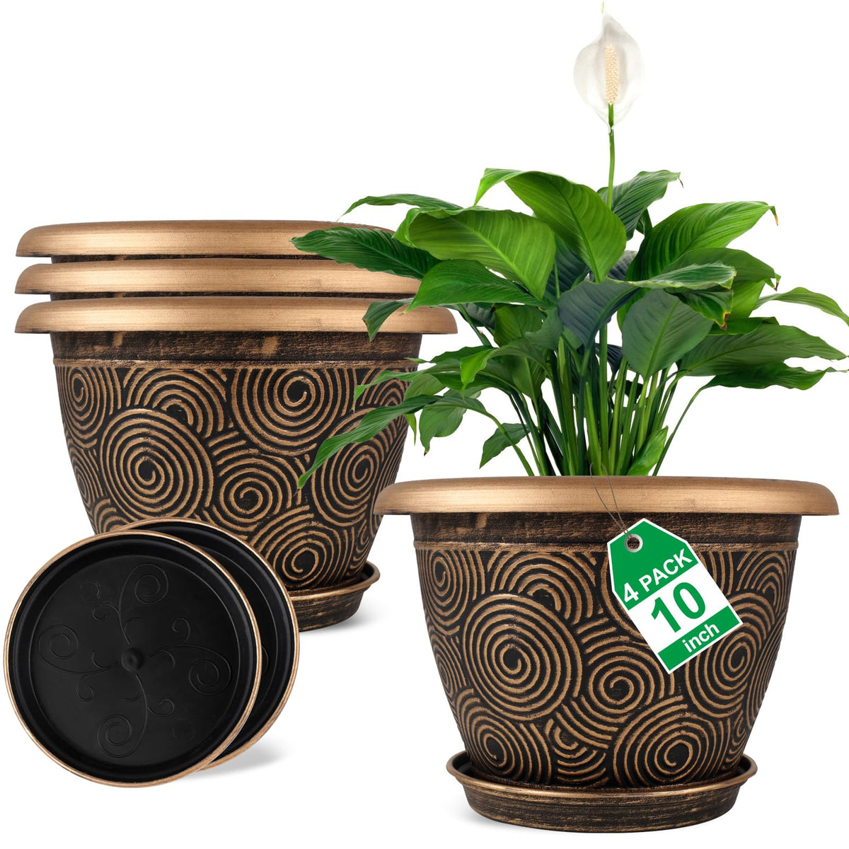 Fodetyff 8 Inch Flower Pots Planters for Indoor Outdoor Plants, 4 Pack Plastic Small Plant Pots with Drainage Hole & Tray, Modern Decorative Garden Pot with Saucer, Plant Container for House