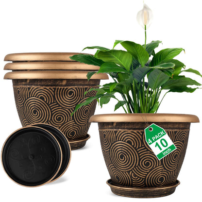 Fodetyff 8 Inch Flower Pots Planters for Indoor Outdoor Plants, 4 Pack Plastic Small Plant Pots with Drainage Hole & Tray, Modern Decorative Garden Pot with Saucer, Plant Container for House