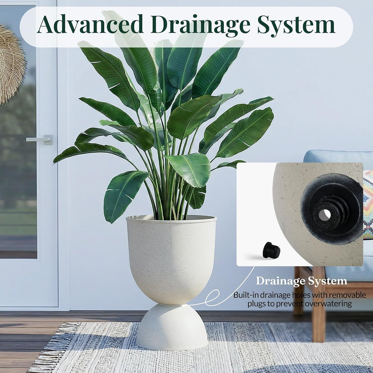 KOL 15 Inch Tall Planters, Beige Plastic Urn Planters, 2 Pack