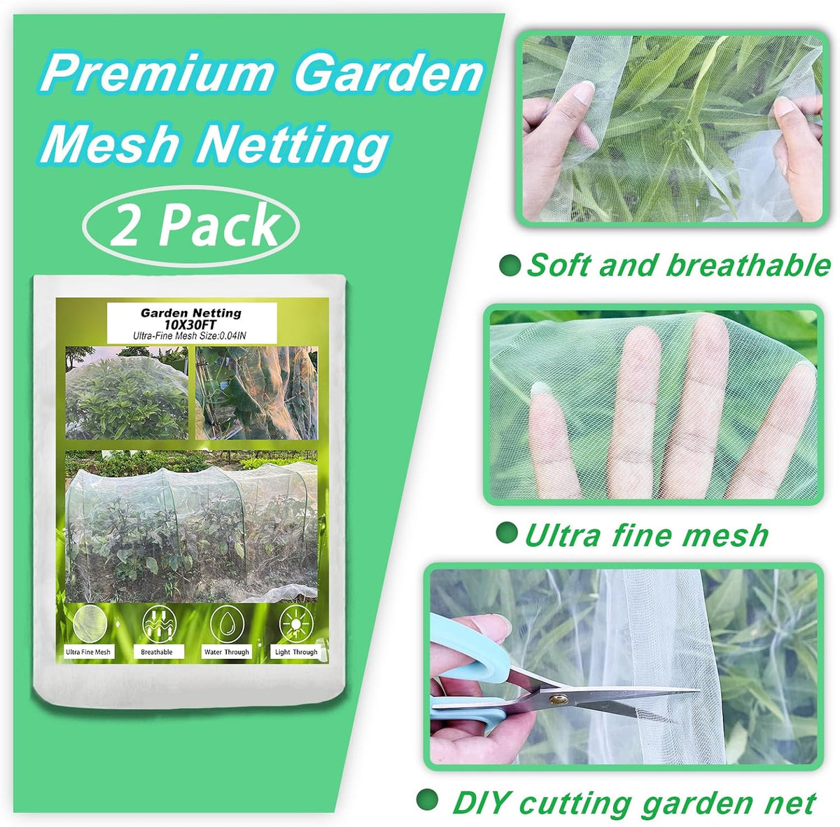 2 Pack 10X30FT Garden Netting, Garden Netting for Raised Beds, Ultra Fine Insect Netting for Vegetable Flowers Fruits, Garden Mesh Plant Cover Row Cover Barrier Protection Net for Birds