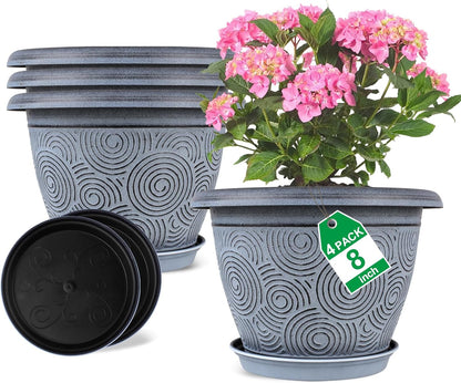 Fodetyff 8 Inch Flower Pots Planters for Indoor Outdoor Plants, 4 Pack Plastic Small Plant Pots with Drainage Hole & Tray, Modern Decorative Garden Pot with Saucer, Plant Container for House