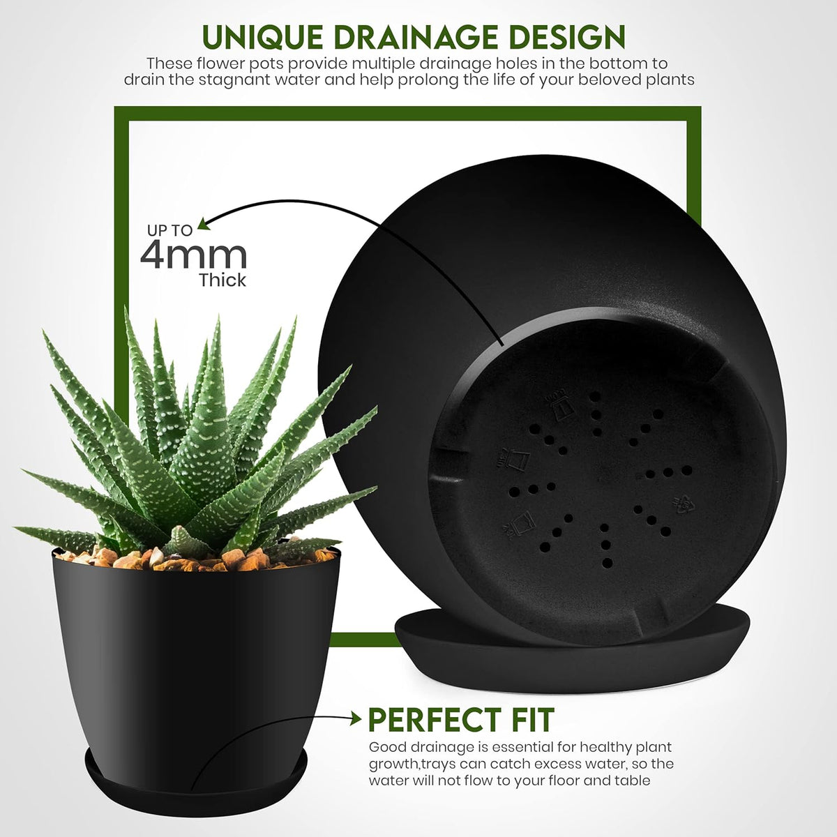 Plant Pots Indoor with Drainage, 5 Pack Multi-Size Planters Set, Black