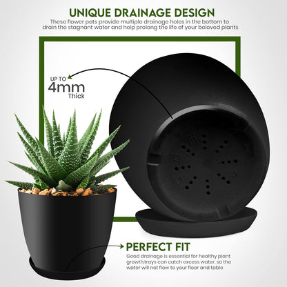 Plant Pots Indoor with Drainage, 5 Pack Multi-Size Planters Set, Black