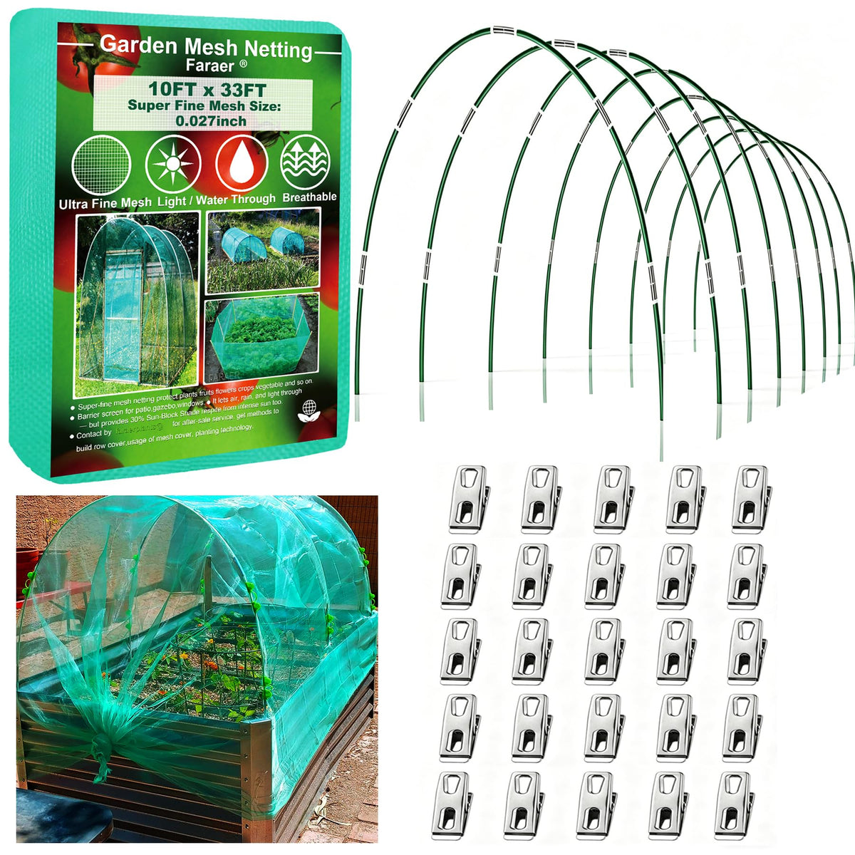 Garden Netting Kit for Raised Beds,6set Garden Hoops,10x33ft Insect Netting
