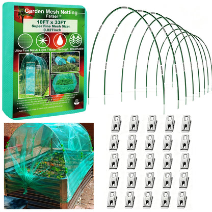 Garden Netting Kit for Raised Beds,6set Garden Hoops,10x33ft Insect Netting