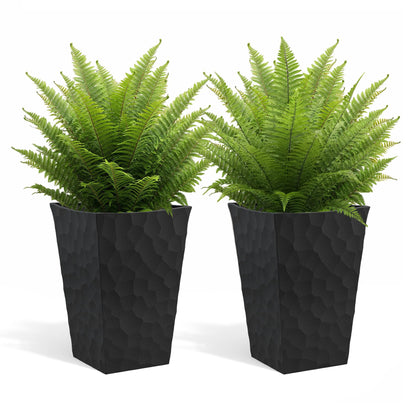 Keter Set of 2 Resin Modern Outdoor 22 Inch Tall Large Flower Pots, Tapered Wood Look Planters for Outdoor Plants and Front Porch Decor, Graphite