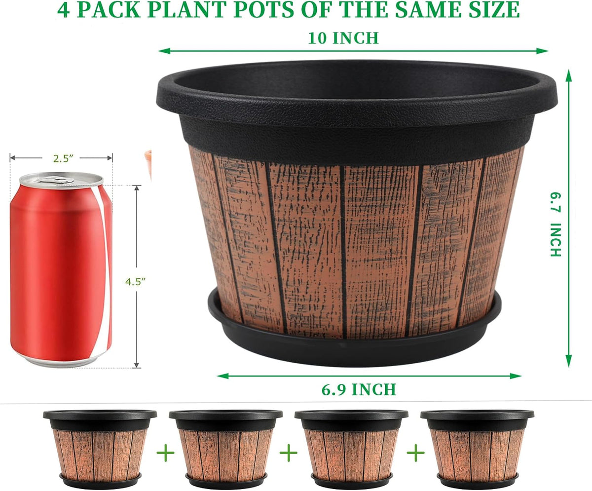 Quarut 4 Pack 10 inch Plant Pots,Whiskey Barrel Planters for Indoor Outdoor