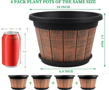 Quarut 4 Pack 10 inch Plant Pots,Whiskey Barrel Planters for Indoor Outdoor