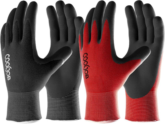 COOLJOB Gardening Gloves for Men, 2 Pairs Breathable Rubber Coated for Garden Weeding Landscaping, Outside Work for Lawn Yard, Men's Large Size, Black & Red