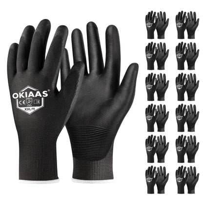 OKIAAS Men's Ultra-Thin and Lightweight Working Gloves with Grip, 12 Pairs, Black, Medium