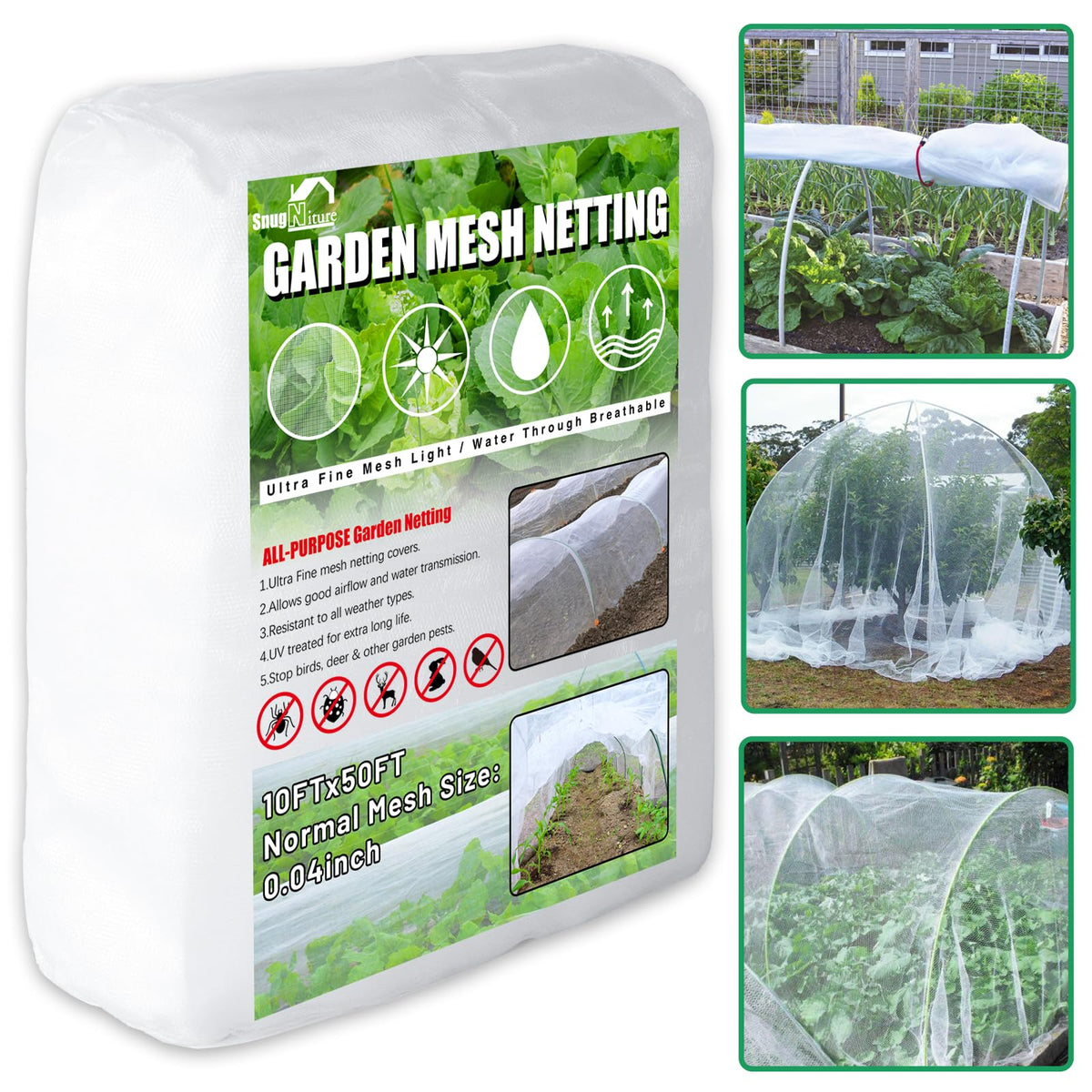 SnugNiture Garden Netting 10x33FT Ultra Fine Mesh Mosquito Net Plant Covers, White Bird Netting Barrier Greenhouse Row Cover Protect Fruits Flower Vegetables from Birds Deer & Squirrels
