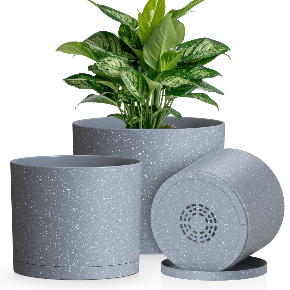 Plant Pots, 10/9/8 Inch 3 Pack Cylindrical Flower Pots with Drainage Holes and Saucers, Plastic Planters for Outdoor Indoor Plants,Black