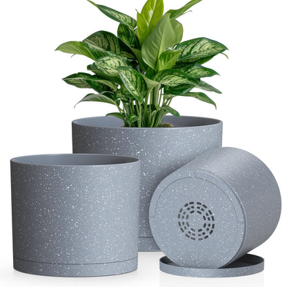 Plant Pots, 10/9/8 Inch 3 Pack Cylindrical Flower Pots with Drainage Holes and Saucers, Plastic Planters for Outdoor Indoor Plants,Black