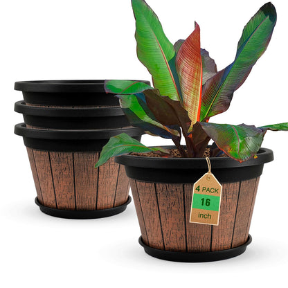 Quarut 4 Pack 10 inch Plant Pots,Whiskey Barrel Planters for Indoor Outdoor