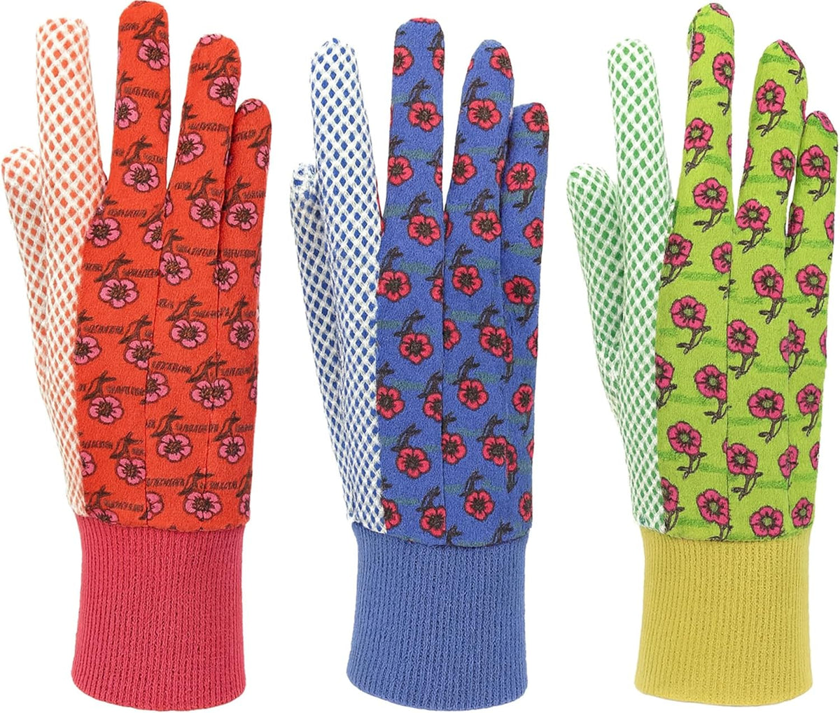G & F Products G & F Women's Soft Cotton Jersey Gardening Gloves, Floral Print, PVC Dot Grip, Knit Wrist, Green, Red & Blue