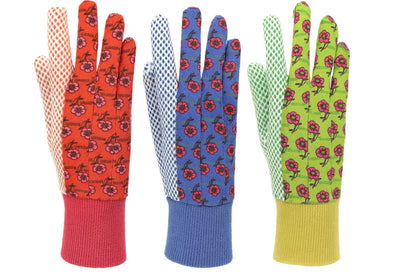 G & F Products G & F Women's Soft Cotton Jersey Gardening Gloves, Floral Print, PVC Dot Grip, Knit Wrist, Green, Red & Blue