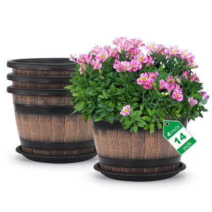 Quarut 3 Pack 10 inch Plant Pots,Whiskey Barrel Planters with Drainage Holes & Saucer, Plastic Decoration Flower Pots Imitation Wine Barrel Design, for Indoor & Outdoor Garden Home Plants (Brown)