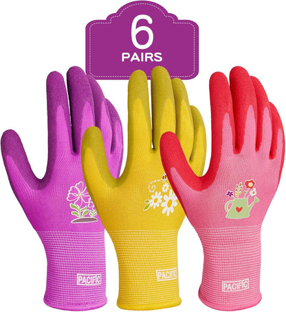 PACIFIC PPE 6 Pairs Gardening Gloves for women, Rubber Coated Garden Gloves, Ladies Yard Work Gloves, Breathable, Purple & Yellow & Red, Small