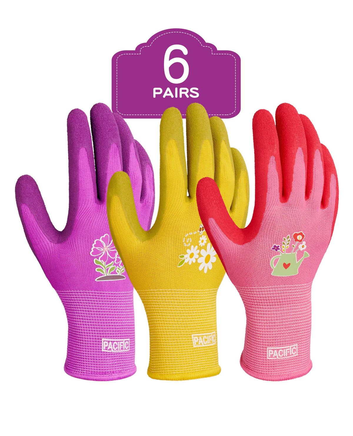 PACIFIC PPE 6 Pairs Gardening Gloves for women, Rubber Coated Garden Gloves, Ladies Yard Work Gloves, Breathable, Purple & Yellow & Red, Small