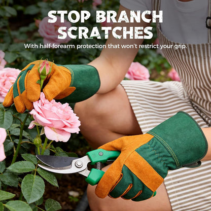 Gardening Gloves, Rose Pruning Gloves for Men & Women, Breathable Cowhide Leather Gauntlet, Best Garden Gifts & Tools for Gardener